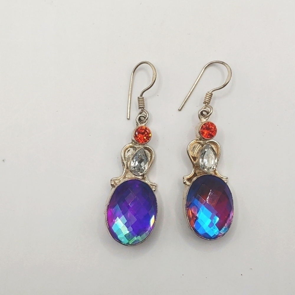 Blue Purple Mystic Topaz / Garnet / White Topaz Sterling Silver Dangle Earrings